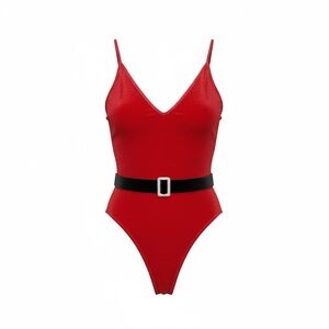 Red V‑Neck One‑Piece Santa velvet bodysuit with Black Belt